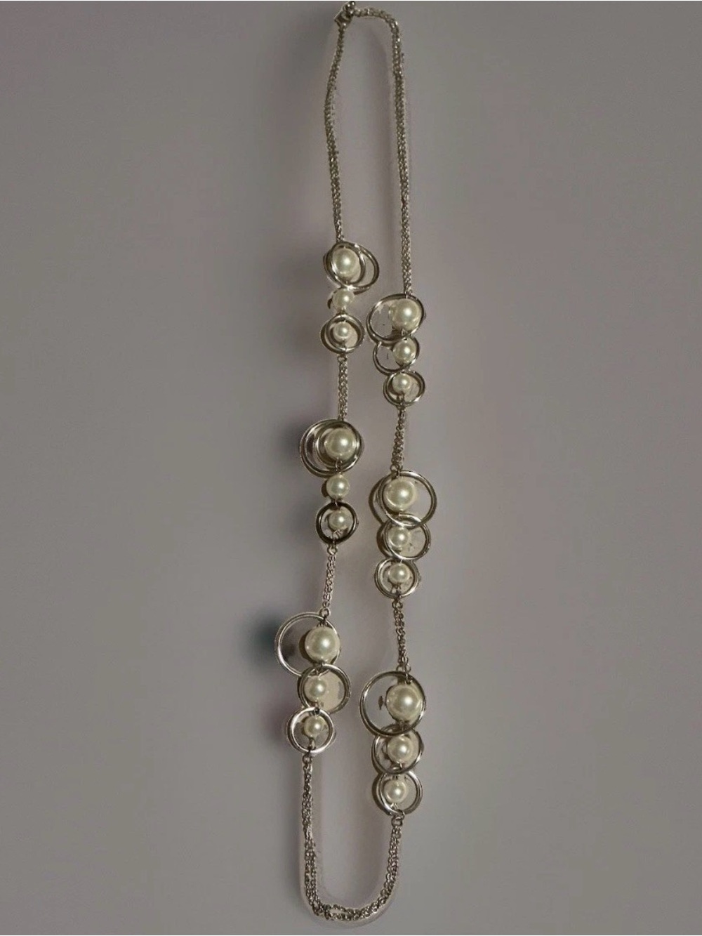 Silver Tone Necklace w Rings Faux Pearl 2 Pair Earrings Faux Pearl Deer Glass